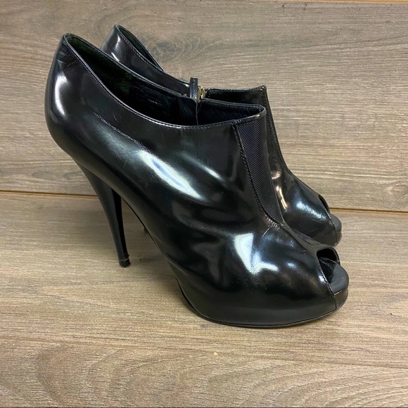 Fendi | Black Patent Leather Peep Toe Mesh Booties - Picture 2 of 10